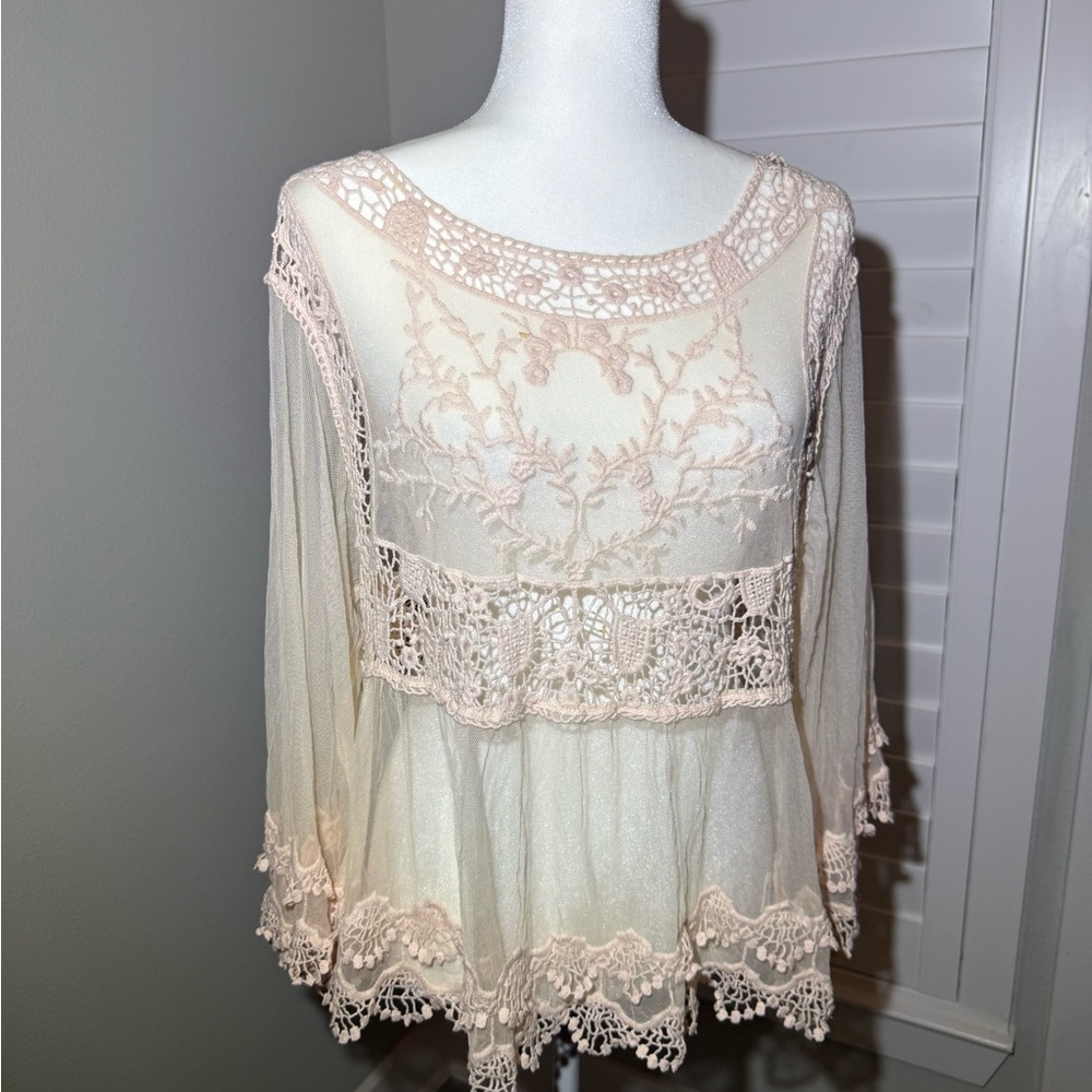 Pink Melo Very Pretty Transparent  Crochet  Pink  Lace Top